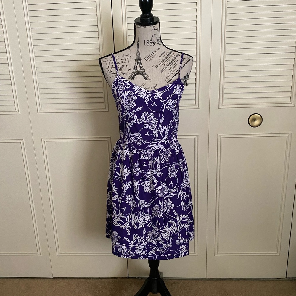 Gap purple white floral sleeveless spaghetti strap fit flare dress
